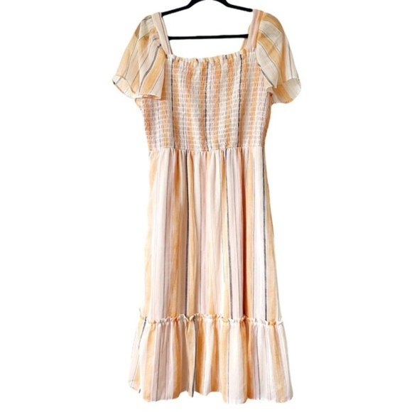 Free People Dresses & Skirts - Free People striped midi dress smocked bodice flowy orange flutter sleeves